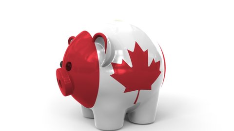Coins fall into piggy bank painted with flag of Canada. National banking system or savings related conceptual 3D animation