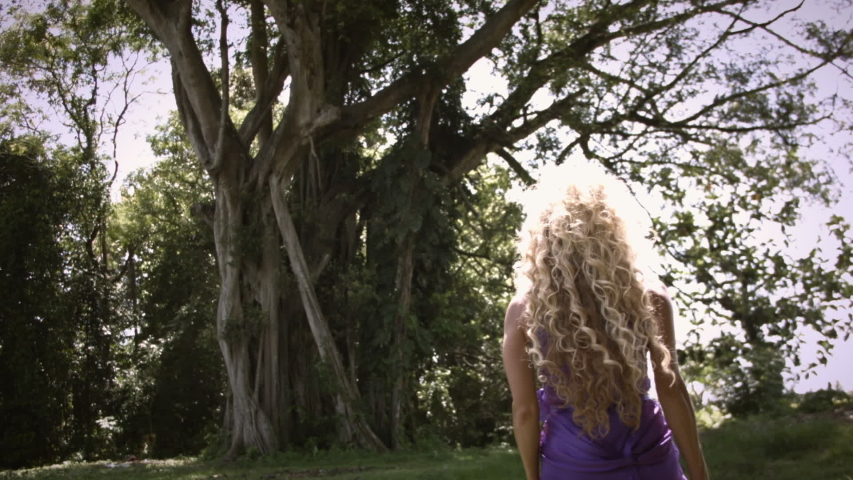 Young romantic woman with curly blonde hair in elegant purple dress walking and posing on meadow near big tree with green foliage in tropical forest.