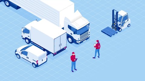 Isometric Checking delivery and ligistics service app on computer. Delivery truck with cardboard box and delivery man. Infographics. HD Video.