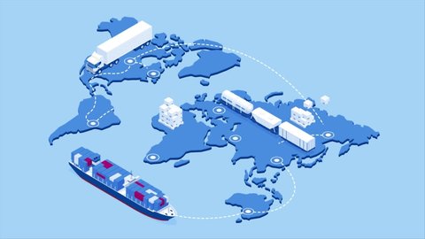 Global logistics network isometric illustration Icons set of air cargo trucking rail transportation maritime shipping On-time delivery Vehicles designed to carry large numbers of cargo HD Video.