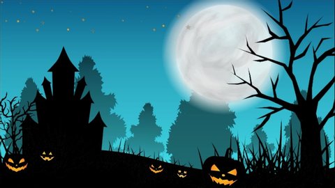 Animated scary night of halloween. Looping halloween animation with blue sky, grass and trees moving right and left, flying bats, scary pumpkins, haunted castle, shining stars, moon, and flying ghosts