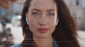 Future. Face Detection. Technological 3d Scanning. Biometric Facial Recognition. Face Id. Technological Scanning Of The Face Of Beautiful Caucasian Woman In The City For Facial Recognition. Shoted By - Powered by Shutterstock - Get 15% off with code: PIKWIZARD15