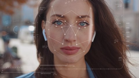 Future. Face Detection. Technological 3d Scanning. Biometric Facial Recognition. Face Id. Technological Scanning Of The Face Of Beautiful Caucasian Woman In The City For Facial Recognition. Shoted By