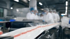 Blur video of Conveyor belt with packed crab sticks moving along it 