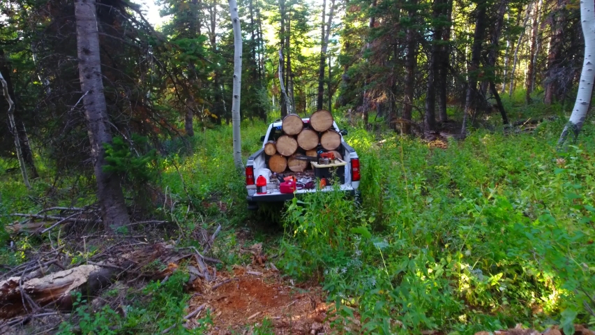 Aerial drone footage over a truck while collecting firewood.