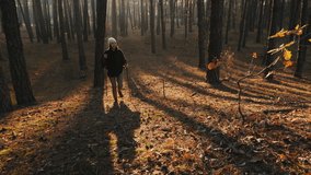 A girl with trekking sticks climbs a hill in an autumn sunny pine forest, slow-motion 4k video