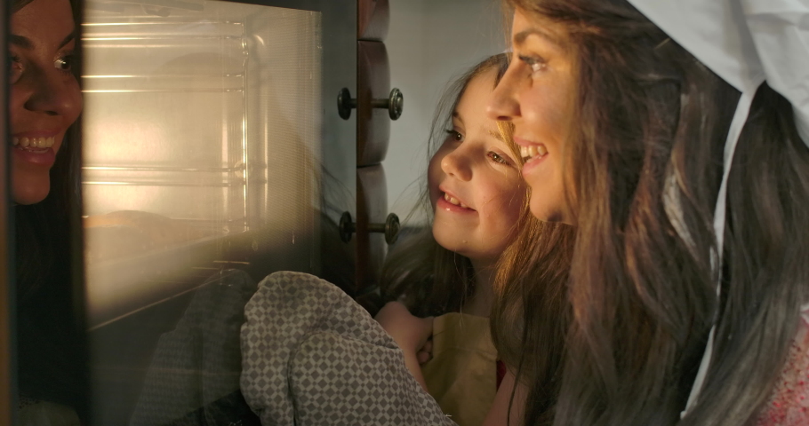 Close-up faces of little Caucasian brunette girl and her mother looking into oven. Happy smiling family baking at the kitchen at home. Cinema 4k footage ProRes HQ. Royalty-Free Stock Footage #1040208842