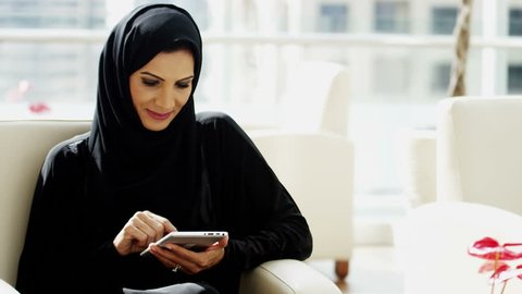 Arab Gulf business female tablet technology city traveller tourism investment