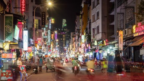 Ho Chi Minh / Vietnam - 10 19 2019: Bui Vien Street, Nighttime Crowded Touristic Area with night life in Saigon, Vietnam.