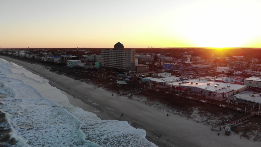 Town in Pleasure Island, North Carolina/USA  aerial video of Carolina Beach taken by drone camera 