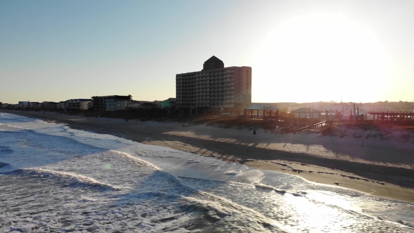 Town in Pleasure Island, North Carolina/USA  aerial video of Carolina Beach taken by drone camera 