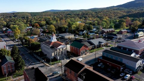 Static aerial view of the Romney courthouse in Hampshire County, West Virginia in autumn.