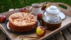 Apple pie and tea on tray on table in a garden