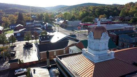 Wide push in view of the city of Romney in Hampshire County, West Virginia in autumn.