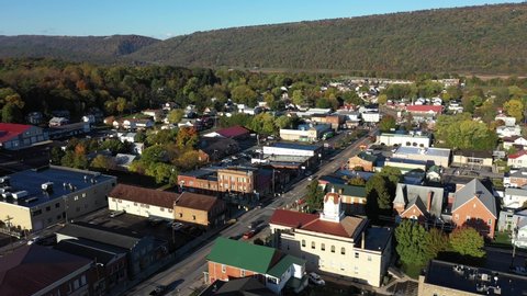 Orbit to left around the Romney courthouse in Hampshire County, West Virginia in autumn.