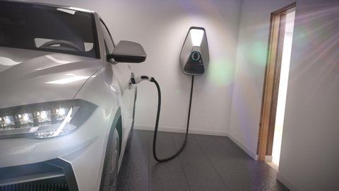 charging electric car suv in garage 3d animation