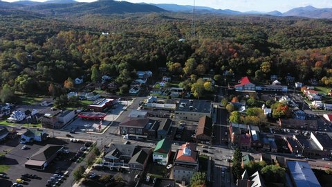 Aerial orbiting around the city of Romney in Hampshire County, West Virginia in autumn.