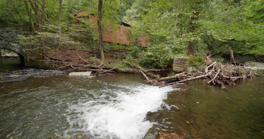 Waterfall near Covered Bridge, Thomas Mill at the Wissahickon Creek