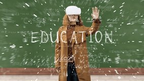 Young asian woman using virtual reality headset with education media interface and mathematical formula in front of blackboard. - Powered by Shutterstock - Get 15% off with code: PIKWIZARD15