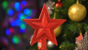 red Christmas star decorations ornament rotating on Christmas tree and blurred bokeh lights background , golden ball. - Powered by Shutterstock - Get 15% off with code: PIKWIZARD15