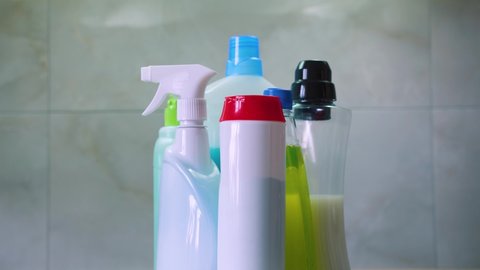 Circular panorama  around the bottles and containers with household chemicals for cleaning floors and walls in the bathroom and kitchen. Concept cleaning. 
