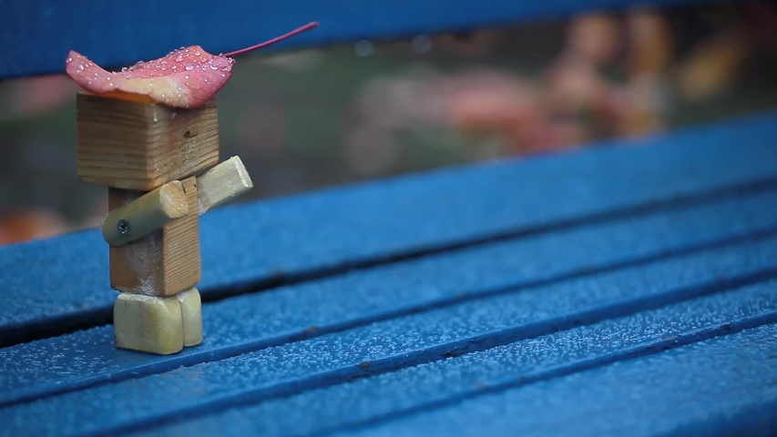 handmade wooden figure autumn leaf bench rain 