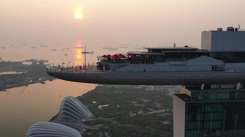 Singapore,Singapore - November 01, 2019 : Aerial view of Marina Bay Sands in sunrise or sunset from drone at Marina Bay, Singapore