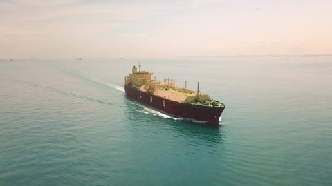 Singapore - October 27, 2019: Aerial shot of sailing LNG tanker, Singapore