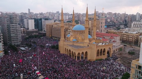 Beirut, Lebanon - October 28, 2019: Martyrs' Square during the Lebanese Revolution, against the current government, and against corruptions in the country