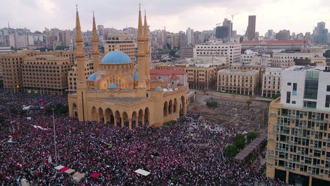 Beirut, Lebanon - October 28, 2019: Martyrs' Square during the Lebanese Revolution, against the current government, and against corruptions in the country
