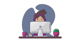 Animation flat illustration with cartoon african american girl student. Girl freelancer sits at a computer in headphones. Video animation clip SD, HD, 4K