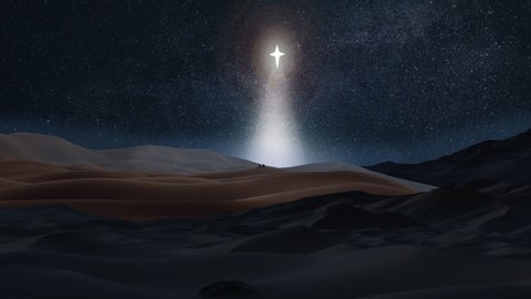 The star of Bethlehem shines above the nativity scene as the camera moves through a rugged landscape at night.