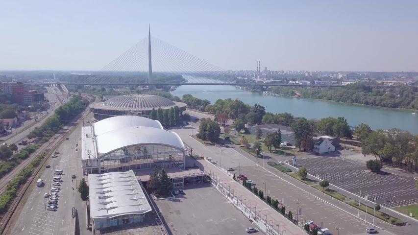 Establishing aerial shot of Belgrade fair, Serbia
