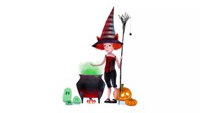Halloween closed animation and a little witch makes a magic potion, she holds a broom with a spider and a cauldron with magic animation card
