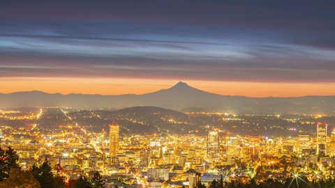 Portland autumn foliage and colorful sunrise behind Mt hood in time lapse with horizontal panning
