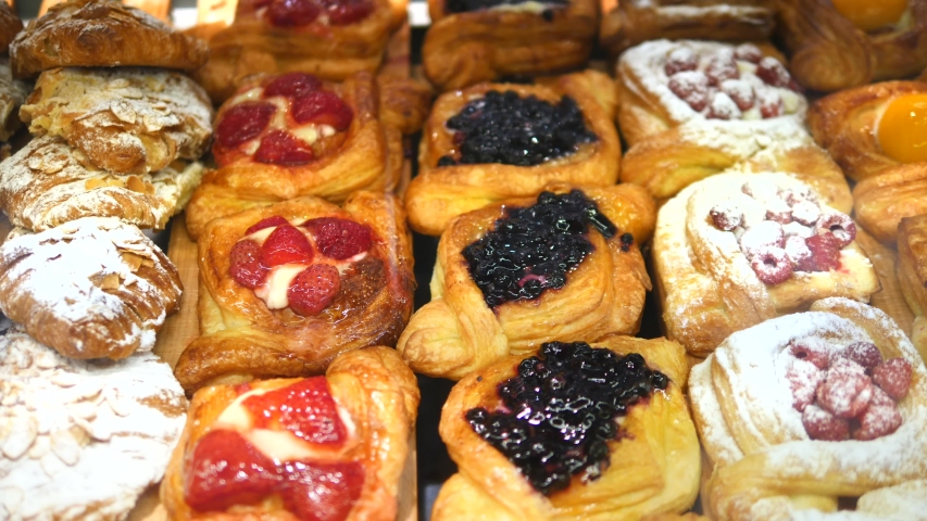 Pastry Displayed In Shop Window Of Confectionery Or Cafe.