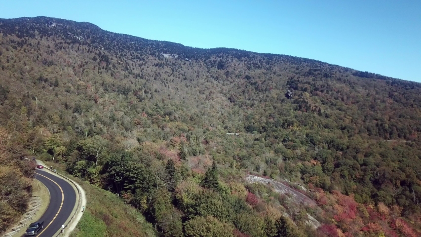 Aerial of Blue Ridge Parkway in Autumn from Grandfather Mountain in 4k