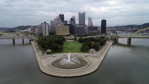 Philadelphia Skyline with Skyscrapers and Business District In Background. Point State Park Fountain and Monongahela and Allegheny Rivers