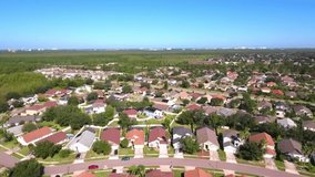 Aerial pan over a ?residential neighborhood in Orlando Florida in realtime.
