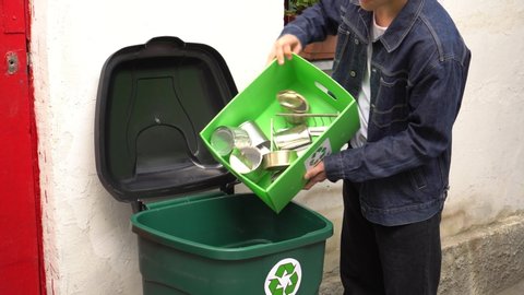Scrap metal recycling. Aluminum drink cans, tin, steel, metal food cans. Zero waste. Recycle logo. Waste sorting bin. Recycling at home. Recyclable materials paper plastic glass metal