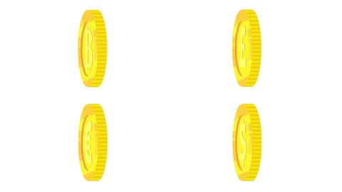 Four turning round cartoon coins. Looping isolated animation of dollar, pound, bitcoin and euro. Money with alpha channel.