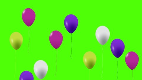 Colorful balloons flying in the air. Flying balloons. Multicolored balloons. Balloons rising in the air. Helium balloon with rope. Chroma key. Green screen. Ultra HD - 4K