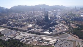 Aerial view of a petrochemical plant. Contamination, Industrial zone. Drone footage