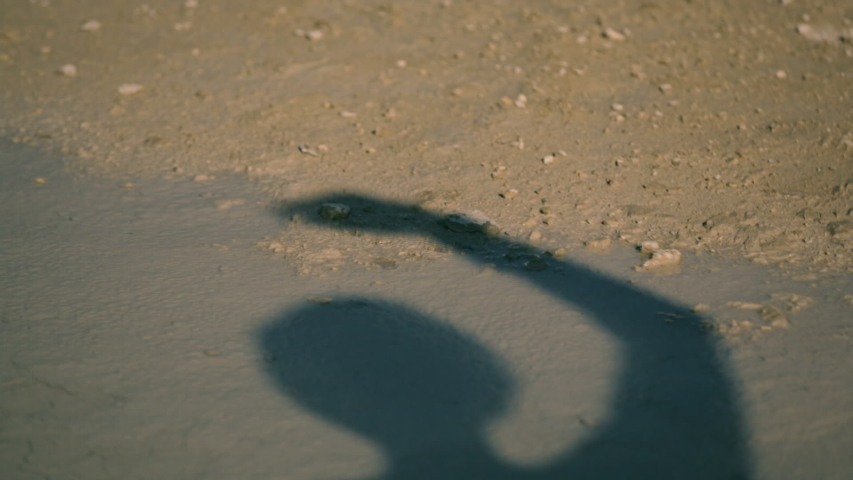 Beautiful shadow of a girl is reflected in the water on a sunny summer day.