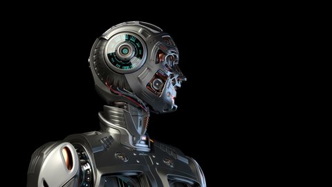 3d rendering of very detailed humanoid cyborg or futuristic robot rotating his head and looking at something in the darkness. Isolated on black background with alpha