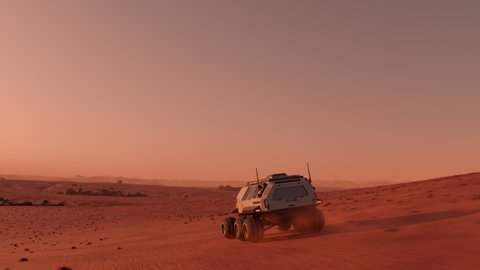 Mars rover with colonists travelling across the surface of Mars
