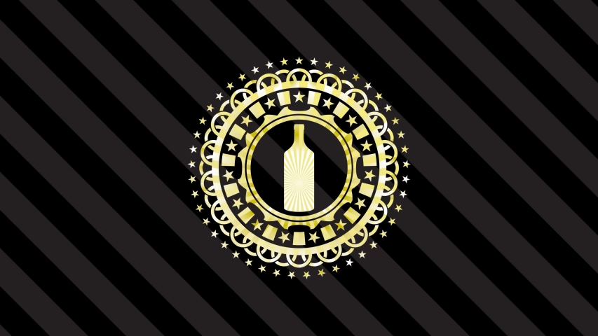 bottle icon inside golden badge rotary fashion, conceptual pattern, quality loop animation