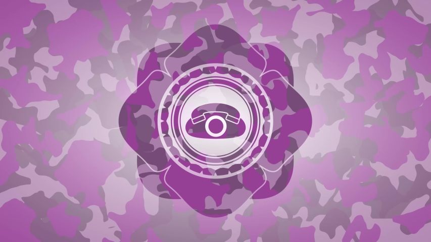 phone icon inside pink and purple camo texture rotary trend, conceptual pattern, loop animation continues