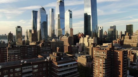 New York, New York / USA - October 1, 2019 : Aerial near Hudson Yards in Midtown West, New York City