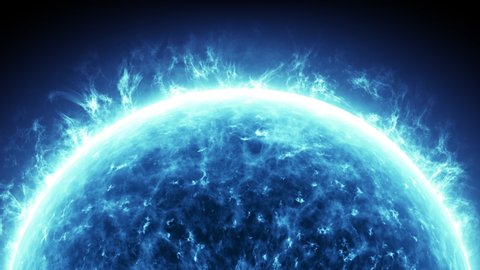 4K Solar Atmosphere. Neutron star. Bright blue glowing light surface with enormous thermal energy, with gas splashes of prominences. Science footage in 4K